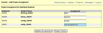 This image shows a list of students in the class. Next to each student name is a text field where you can type in the topic assigned.  There is an Update button at the bottom of the form and a Project Home button next to it.