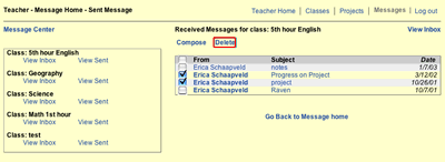 This image shows the Sent mail box and there are four emails total that this teacher has received.  There are checks in the boxes in front of two of the emails and the delete link that is directly about the list of emails is selected.