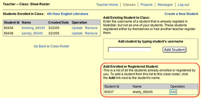 This image shows the Add Enrolled or Registered Student field and a list of students.  The Student id is listed, the name, and then an Add link.  The Add link is selected.