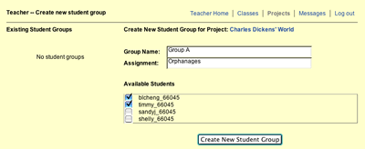 This image shows the Create New Student Group page.  You are able to enter a Group Name and Assignment for the group.  Towards the bottom is a list of all available students in the class along with checkboxes so you can select which students are in the group.  Then there is a Create New Student Group button at the bottom of the page.
