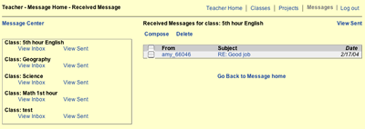 This image shows the Message Center. A list of all the teacher's class is on the left-hand side of the page along with a link to View Inbox and View Sent for each class. On the right-hand side of the page is the inbox for the current class the teacher is viewing.