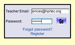 Image of the Login fields with "ericas@hprtec.org" typed in the Teacher Email field and the Password is field in, but dots are shown instead.  The Go button is to the right of the field.  There is a Forgot password link and Register link directly under the field, also.