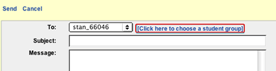 This is an image of the Compose mail view.  It has a drop-down list of student names and right next to that is a link that says "Click here to choose a student group."  This link is selected.