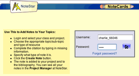 This is an image of the NoteCards login. The username is charlie_66046 and the password is filled in and shows dots.  The Go button is to the right of this form and there is a Forgot Password  link at the bottom of the box.