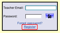 This is an image of the Login box on the home page.  There is a Teacher Email field and Password field that are both blank.  The Go button is to the right of the fields.  There is also a Forgot password link and a Register link below that.  The Register link is selected.