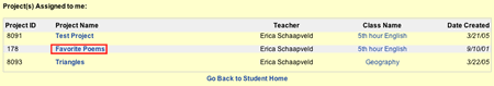 This is an image of the project list.  There are three classes listed, and the name of the class "Favorite Poems" is selected.