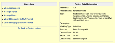 This is an image of the Project with details of the name, task, description, working type, teacher, created date, expire date, and class name. To the left, is a list of the Operations which include View Assignments, Manage Topics, Manage Notes, and View Bibliography.