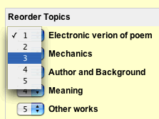 This is an image of the reorder drop down menus.  Since there are five topics in this example there are five numbers to choose from. 