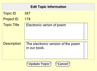 This is a picture of the Edit menu for the topic.  The fields are already filled in with what the topic was to begin with but the user may type in any changes and then click teh Update Topic button which is at the bottom of the page. There is also a Cancel button.
