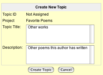 This is an image of the create new topic process.  The topic title field has been typed in and the description field has also been typed in.  There is a Create Topic button at the bottom and a Cancel button to the right on that.