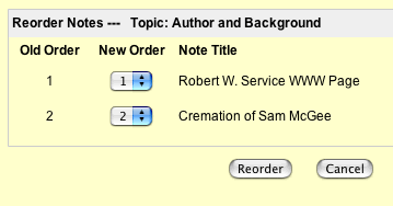 This is an image of the Reorder Notes page. It lists the old number order of the notes and their titles.  It also has drop-down menus next to each Note Title so that you can reorder the notes.