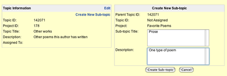 This is an image of the create new sub-topic process. The sub-topic title and description have been typed in and there is a Create Sub-topic and Cancel button at the bottom of this form.  On the left-hand side of this page there is a list of the topic information that this sub-topic will go under.