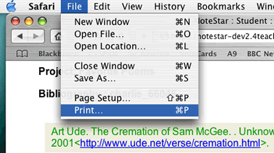 This is an image of the File menu on the browser being extended and Print being selected.
