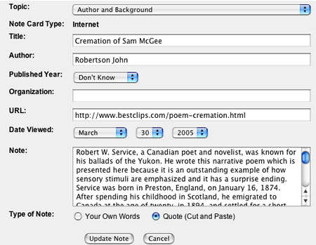 This is an image of the edit page for updating your notes.  There is a topic drop-down. The Note Card Type, Title, Author, Published Year, Organization, url, date viewed, note, and type of note.  There is an Update Note button at the bottom of the page and a Cancel button next to it.