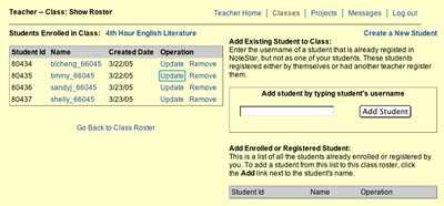 This image shows the Show Class Roster page where all the students in the class are listed on the left-hand side of the page.  Next to each student is an Update link and a Remove link. On the right-hand side of the page is the area to add more students.