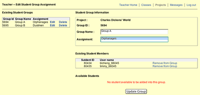 This image shows the Edit Student Group Assignment page which lists the groups along with Edit and Delete buttons next to each group. You can also update the group name, assignment and members. There is an Update Group button at the bottom.