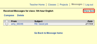 This image shows the inbox which lists all the messages the teacher has received.  In the upper right-hand corner of the inbox is a View Sent link that allows you to view the sent mail.